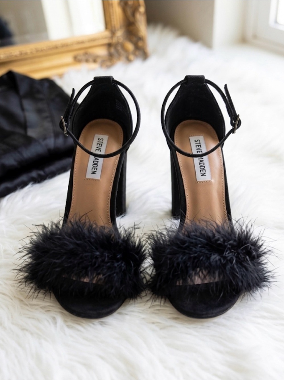 Steve Madden Black Feather-Trim Ankle-Strap Block Heels
